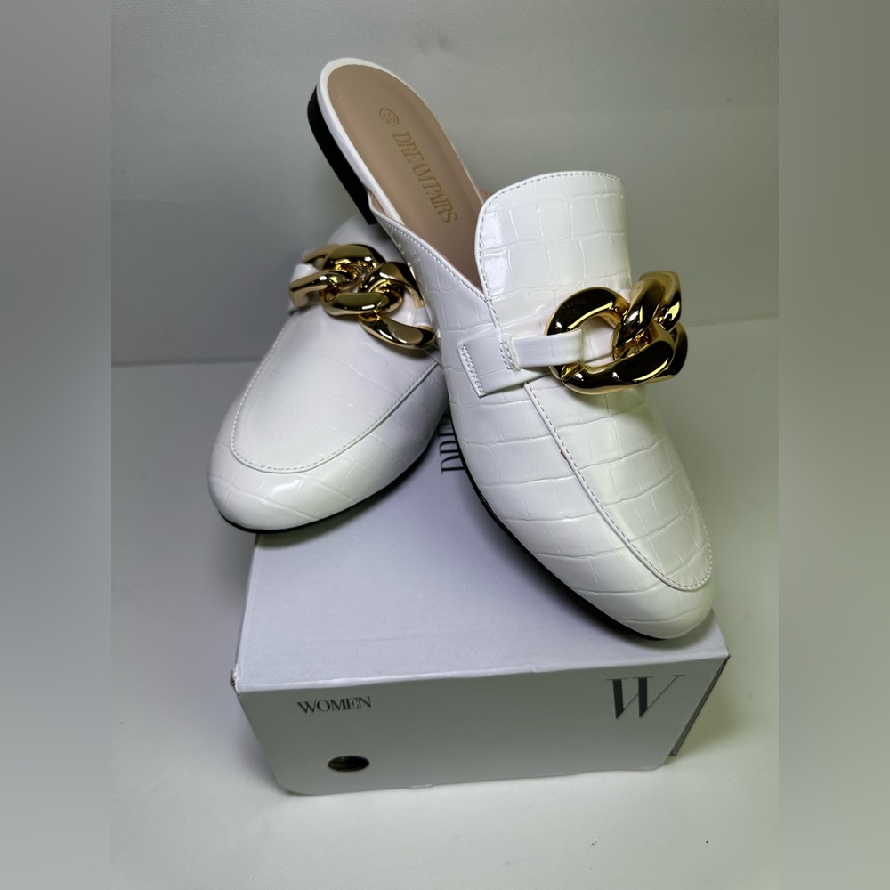 White Faux Crocodile Skin Mules with Gold Accent